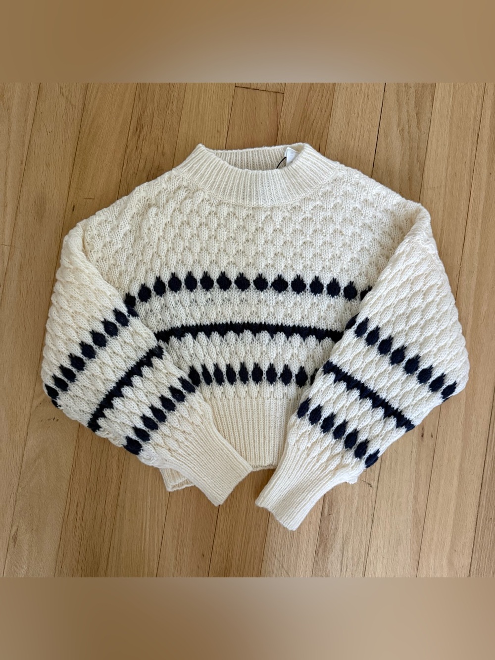 Cream Knit Sweater with Navy Stripe Detail